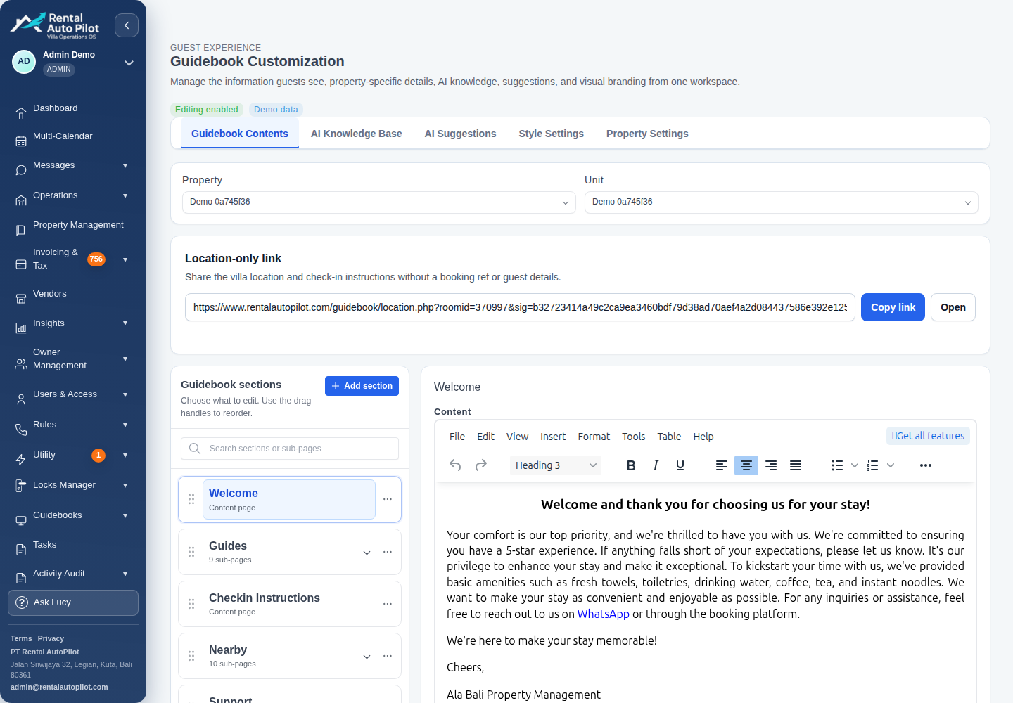 Rental AutoPilot arrival guidebook setup