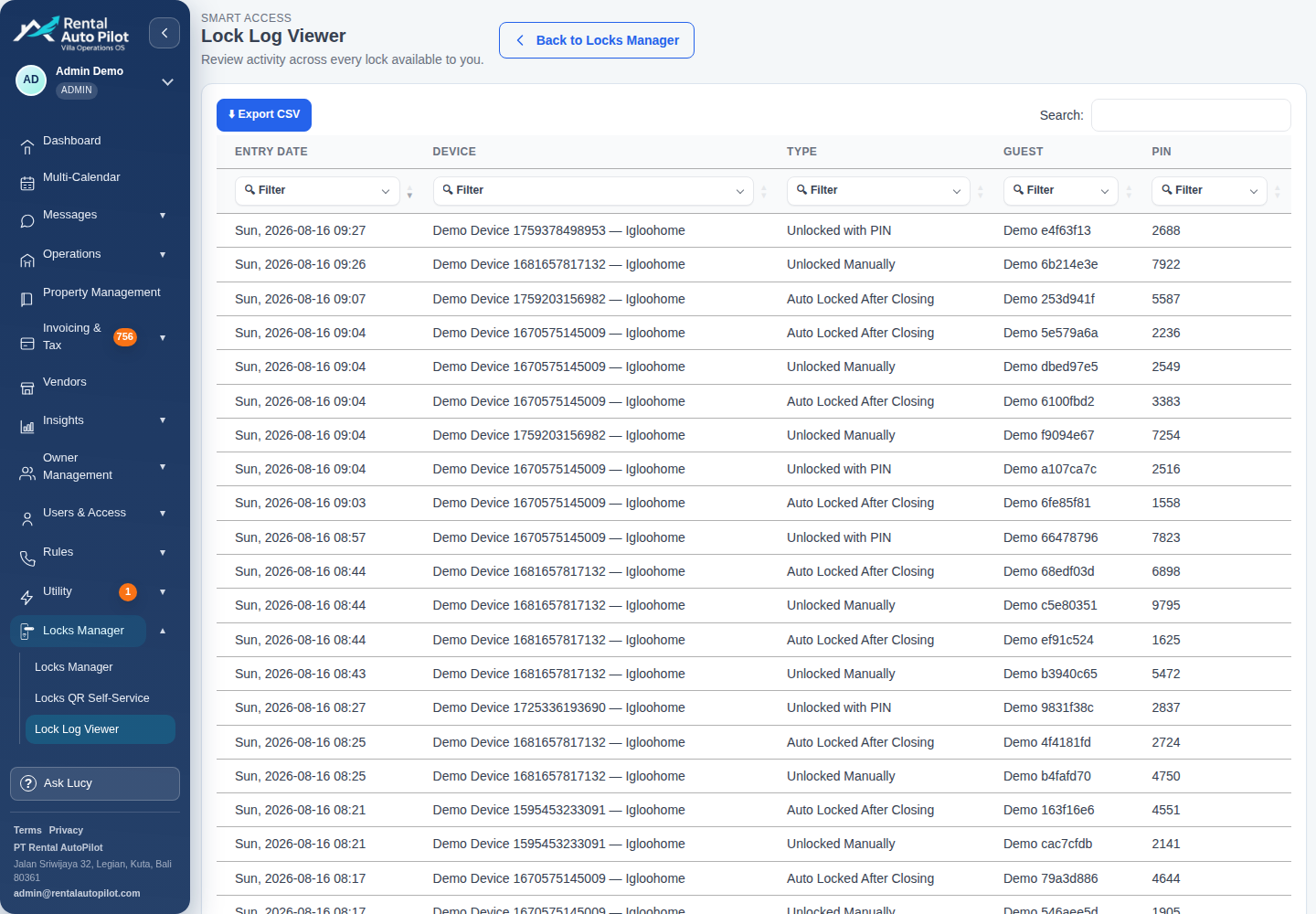 Rental AutoPilot lock activity and access audit history