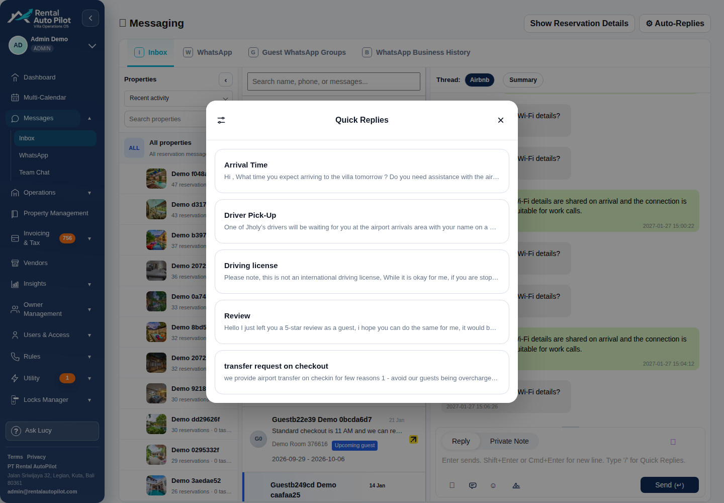 Searchable Quick Replies modal in the Rental AutoPilot message composer
