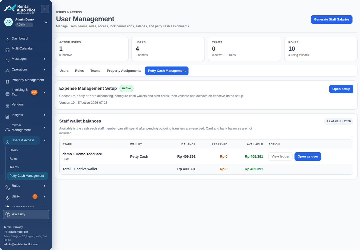 Rental AutoPilot Petty Cash management workspace